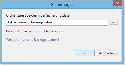 Pfad für Katalogsicherung in Daminion