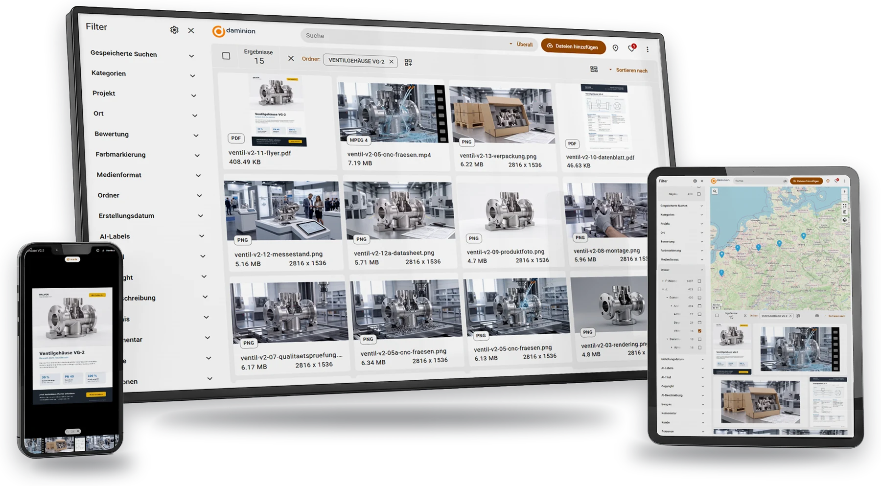 Daminion Web-Client auf Monitor, Tablet und Smartphone mit dem Projekt Ventilgehäuse VG-2
