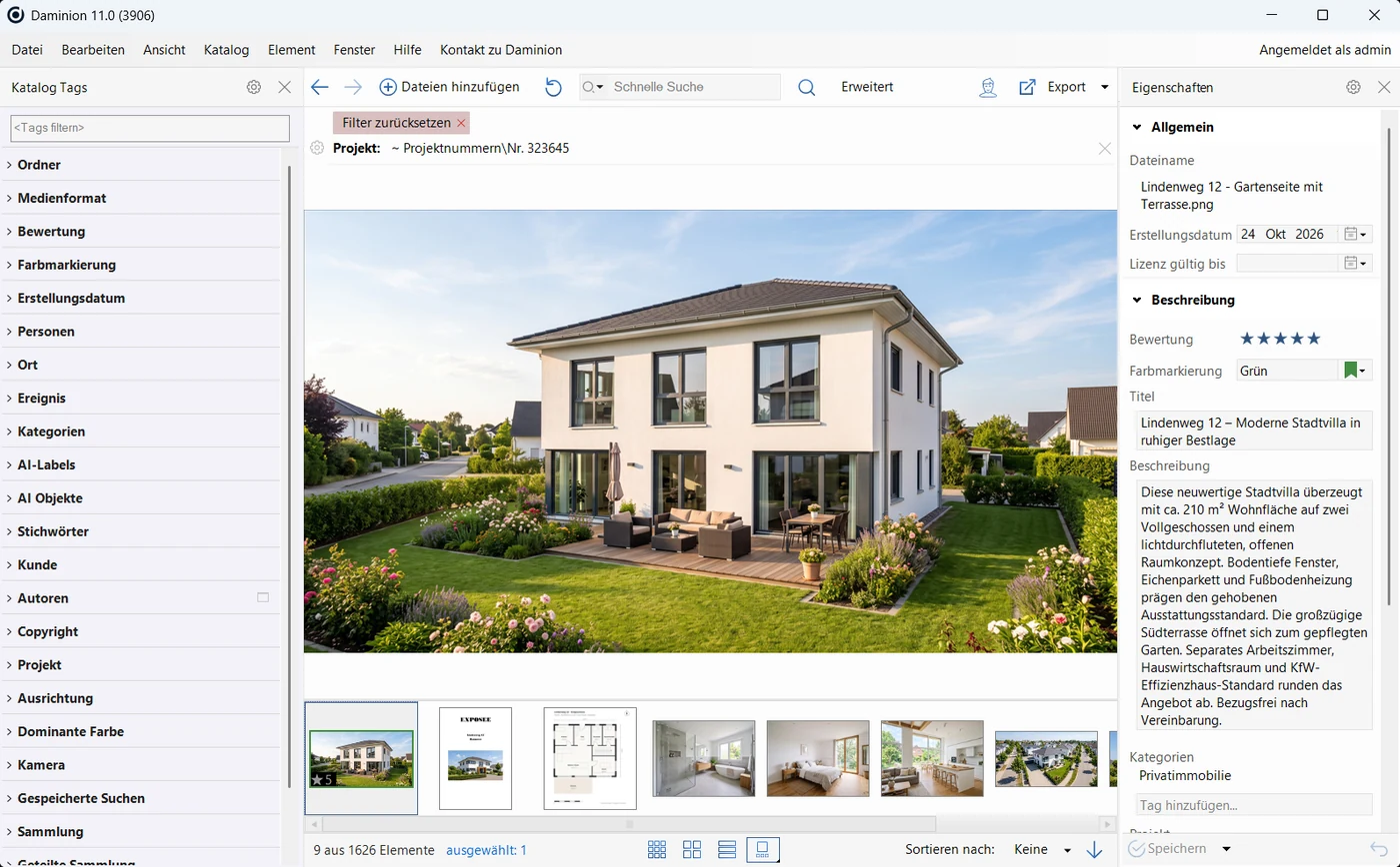 Daminion Desktop-Client: Objekt Lindenweg 12 mit großer Vorschau und Eigenschaften