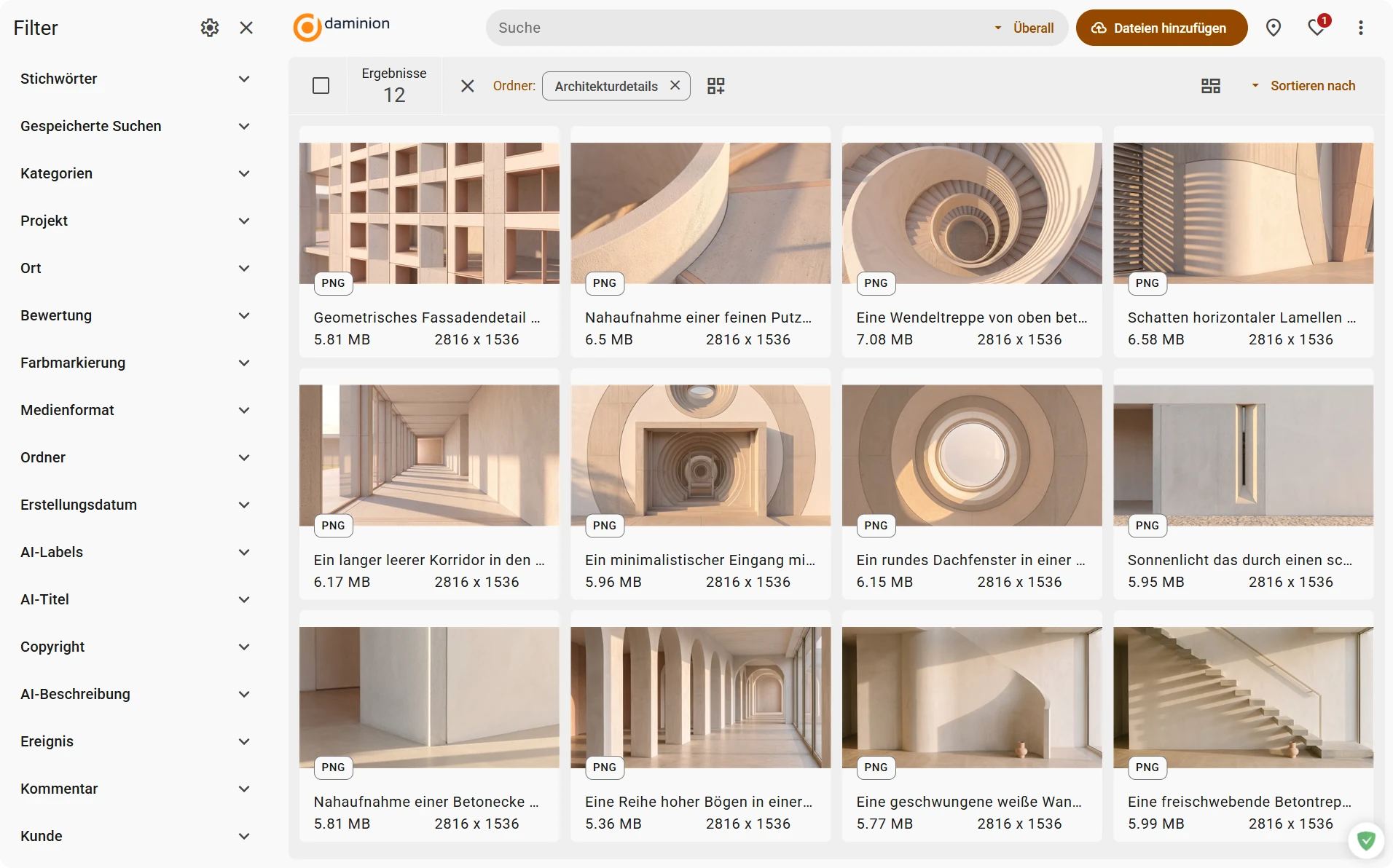 Daminion Web-Client in der Miniaturansicht: zwölf Architekturfotos aus dem Ordner Architekturdetails, links die Filter für Stichwörter, Kategorien und KI-Labels