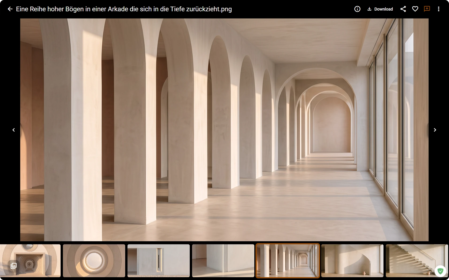 Daminion Web-Client in der Vollbildansicht: Foto einer Arkade mit hohen Bögen, darunter die Vorschaubilder der weiteren Fotos
