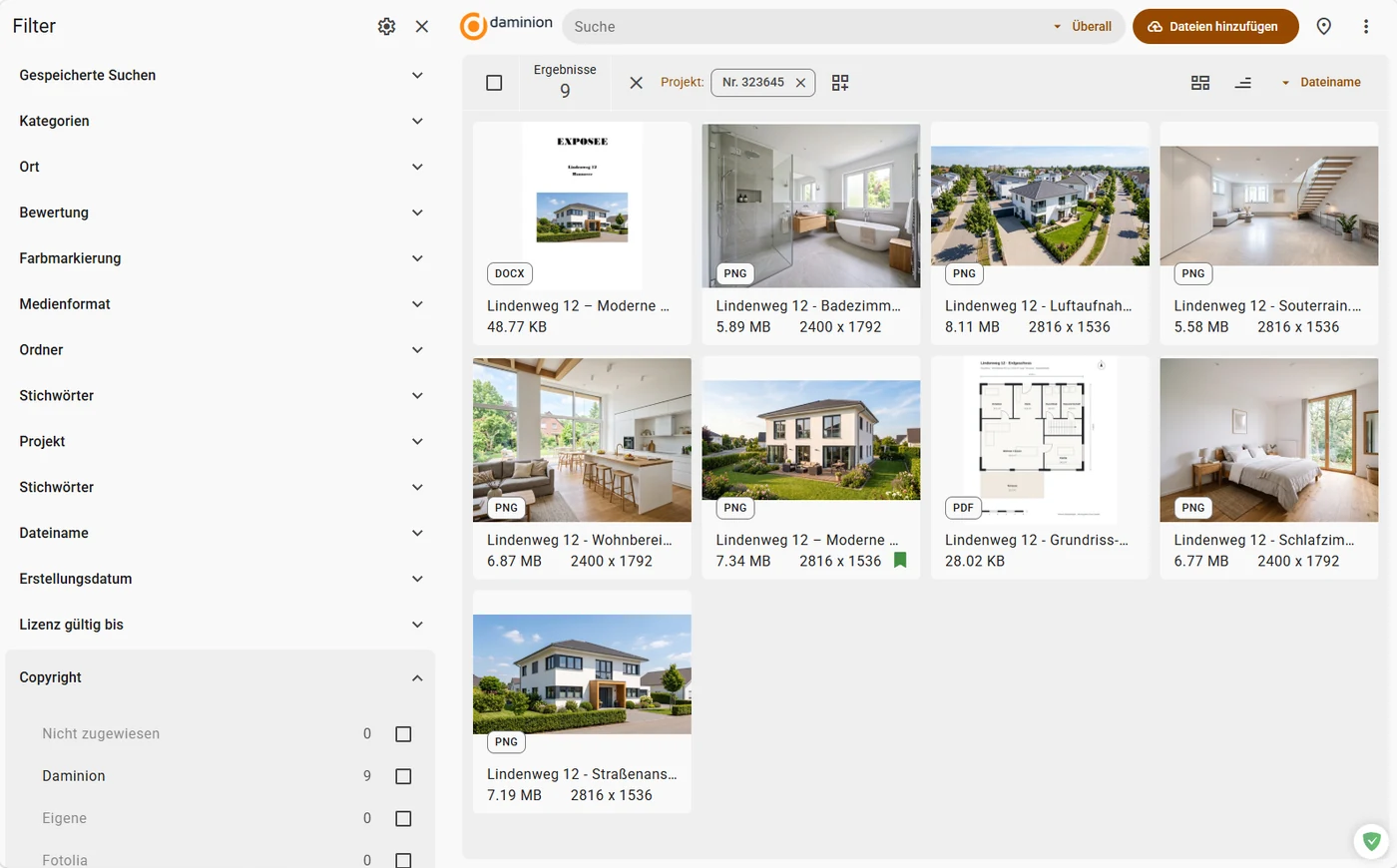 Daminion Web-Client: derselbe Katalog mit den Dateien zum Objekt Lindenweg 12 im Browser