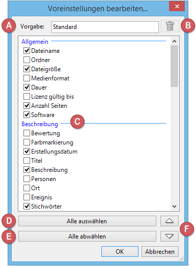 Voreinstellungen Dialog für benutzerdefinierte Ansicht im Katalog Tags Panel