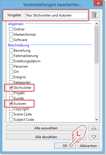 Tag Voreinstellungen Katalog Tags Panel