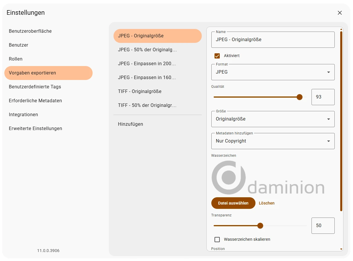 Export-Vorgaben in Daminion: Vorlagen für JPEG und TIFF mit Qualität, Größe, Metadaten und Wasserzeichen