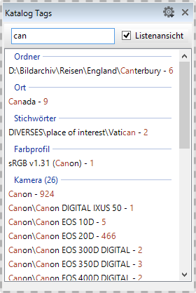 Filter Option im Katalog Tags Panel