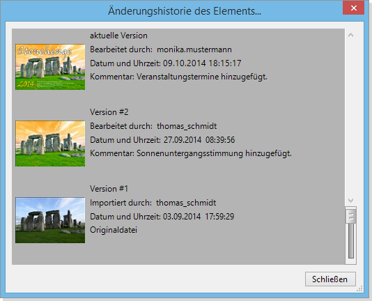 Listenasicht der Änderungshistorie in Versionskontrolle