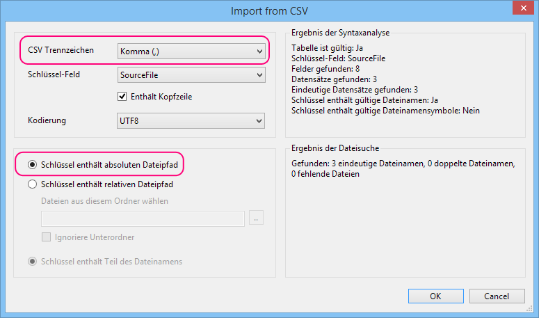 Daminion Import Dialog für CSV Dateien