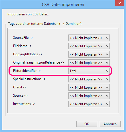 Daminion Import Dialog für CSV Dateien