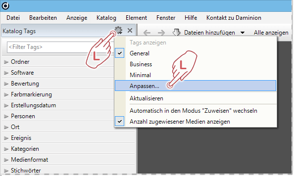 Benutzerdefinierte Ansicht im Katalog Tags Panel erstellen