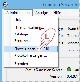 Daminion Server Administrations Panel aufrufen