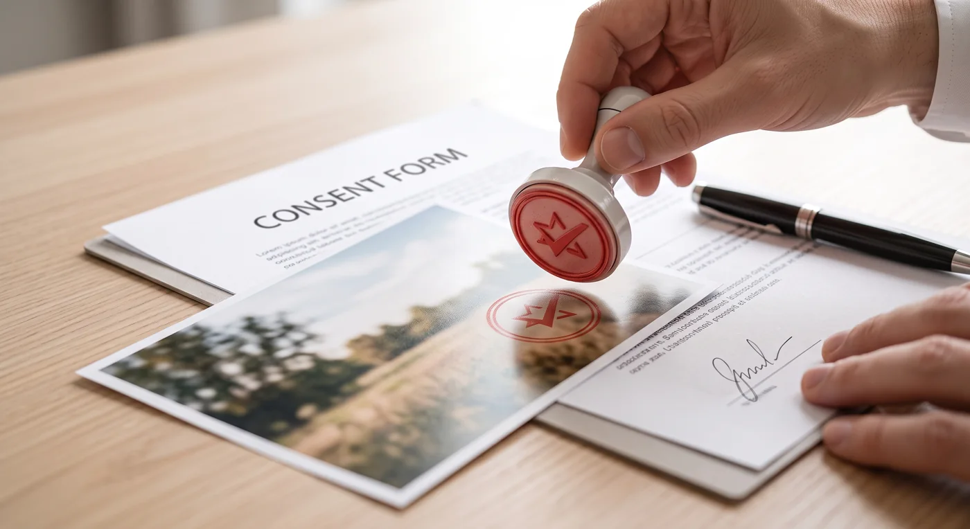 Hand mit Stempel über einem Foto und einer unterschriebenen Einwilligungserklärung