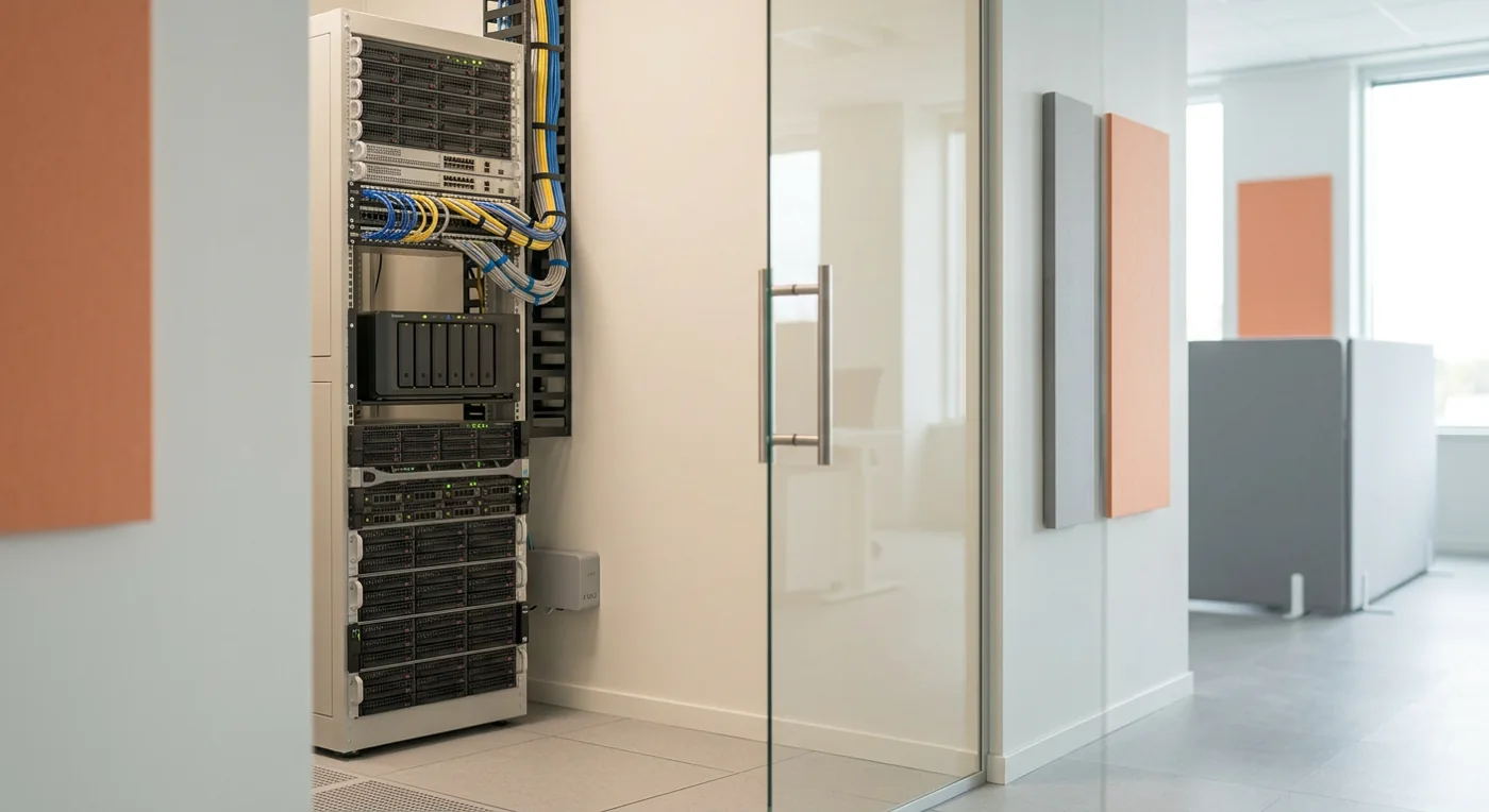 Aufgeräumter Serverraum mit Serverschrank und Netzwerkspeicher hinter einer Glastür