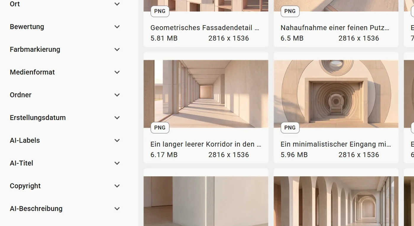 Daminion Web-Client mit Filtern für KI-Labels, KI-Titel und KI-Beschreibung neben Architekturfotos mit automatisch erzeugten Titeln
