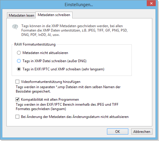 Metadaten Einstellungen im Daminion Server Administrations Panel