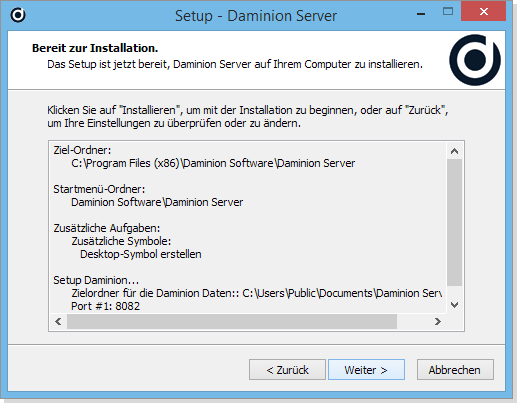 Daminion Server Setup Dialog - Bereit zur Installation