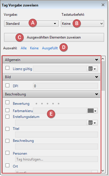 Tag Vorgaben zuweisen Dialog im Katalog Tags Panel