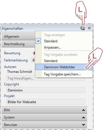 Tag Vorgaben aufrufen im Katalog Tags Panel