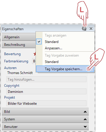 Tag Vorgaben zuweisen im Katalog Tags Panel
